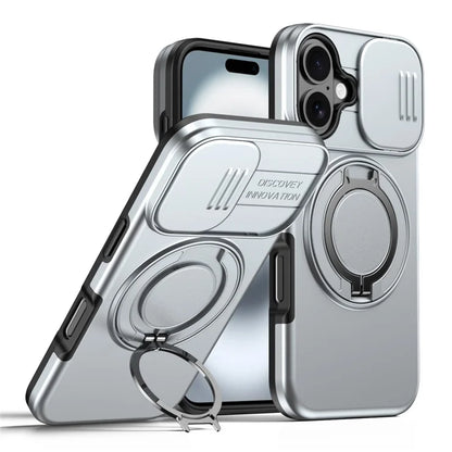 iPhone 17 Case Magnetic Case Ring Kickstand Slide Camera Cover TPU PC Hybrid Phone Shell - Grey
