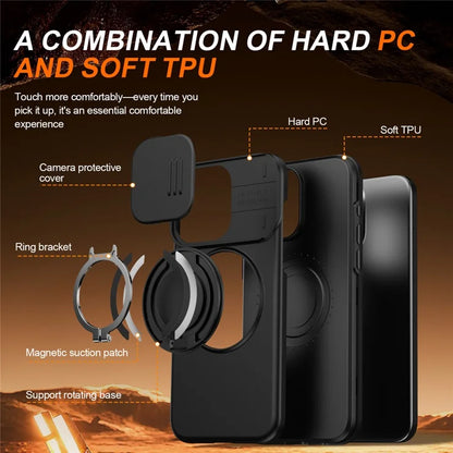 iPhone 15 Pro Max Magnetic Case Ring Kickstand Slide Camera Cover TPU PC Hybrid Phone Shell - Black