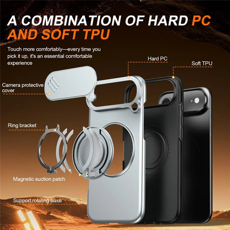 iPhone Air Magnetic Case Ring Kickstand Slide Camera Cover TPU PC Hybrid Phone Shell - Grey