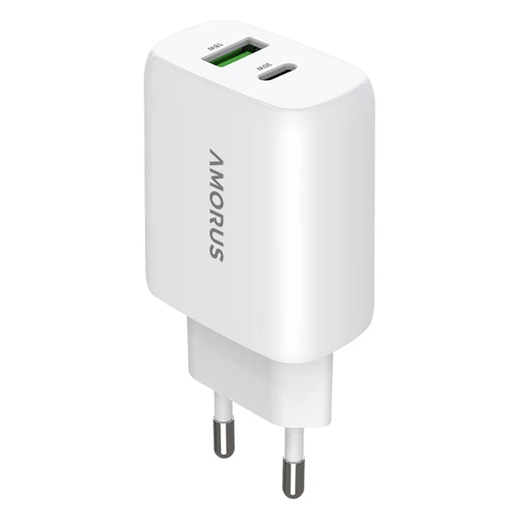 AMORUS PD 30W Type-C + QC 18W USB-A Dual Port GaN Power Adapter Fast Charging Wall Charger for Phone Tablet - EU Plug