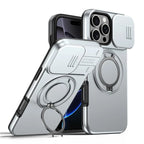 iPhone 16 Pro Case Magnetic Case Ring Kickstand Slide Camera Cover TPU PC Hybrid Phone Shell - Silver