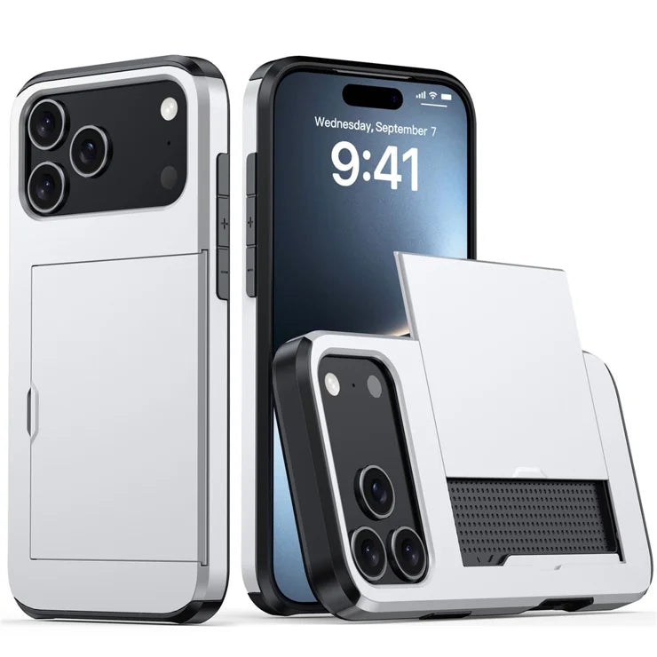 AMORUS For iPhone 17 Pro Case with Sliding Card Holder PC TPU Phone Back Cover - Silver