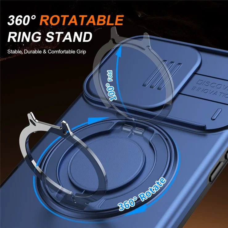 iPhone 16 Pro Case Magnetic Case Ring Kickstand Slide Camera Cover TPU PC Hybrid Phone Shell - Blue