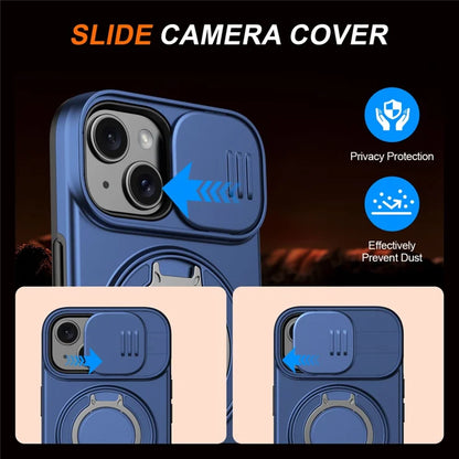 iPhone 15 Case Magnetic Case Ring Kickstand Slide Camera Cover TPU PC Hybrid Phone Shell - Blue