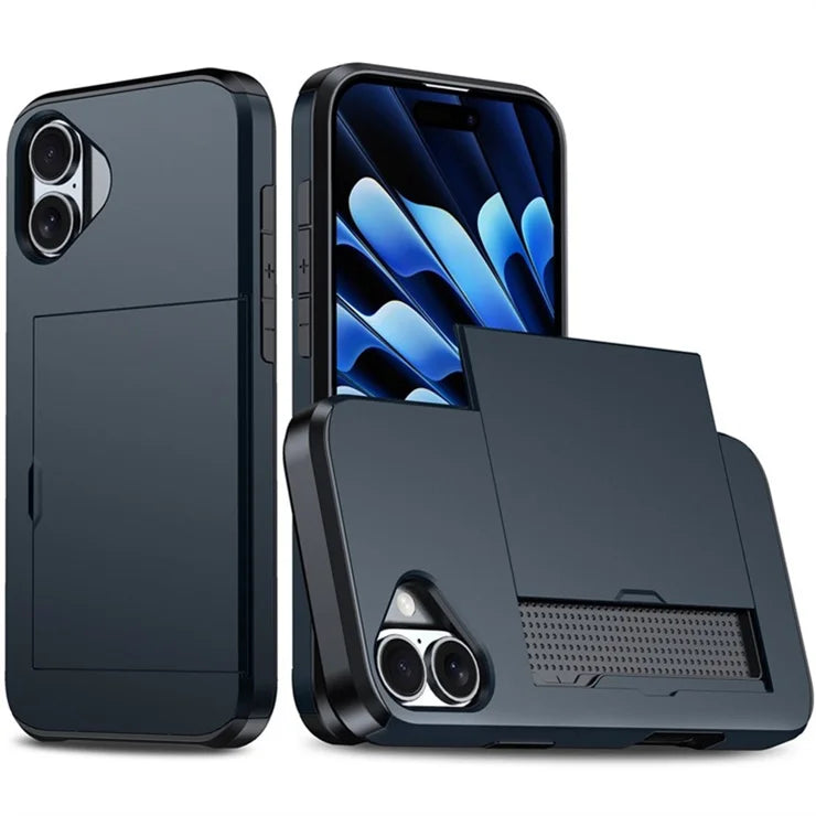 AMORUS For iPhone 16 Case with Sliding Card Holder PC TPU Phone Back Cover - Navy Blue
