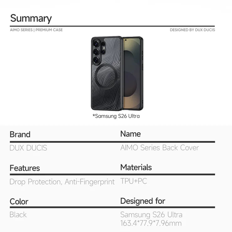DUX DUCIS For Samsung Galaxy S26 Ultra Magnetic Case Aimo Series PC+TPU Slim Cover (REACH Certification) - Black