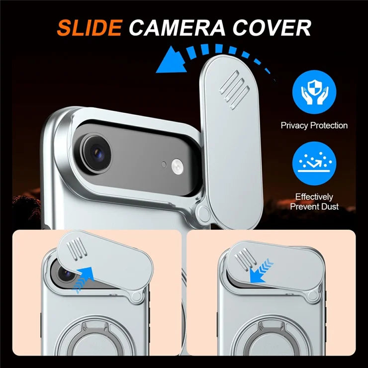 iPhone Air Magnetic Case Ring Kickstand Slide Camera Cover TPU PC Hybrid Phone Shell - Grey
