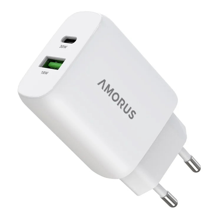 AMORUS PD 30W Type-C + QC 18W USB-A Dual Port GaN Power Adapter Fast Charging Wall Charger for Phone Tablet - EU Plug