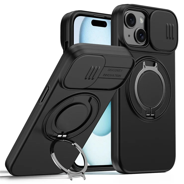 iPhone 15 Plus / 14 Plus Ring Kickstand Slide Camera Cover TPU PC Hybrid Phone Shell - Black