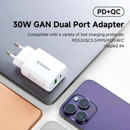 AMORUS PD 30W Type-C + QC 18W USB-A Dual Port GaN Power Adapter Fast Charging Wall Charger for Phone Tablet - EU Plug
