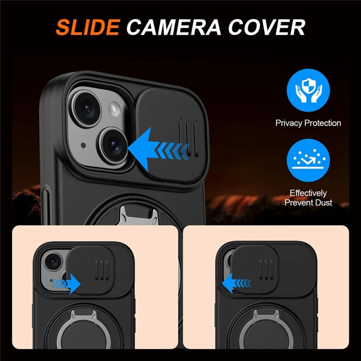 iPhone 15 Plus  /  14 Plus Ring Kickstand Slide Camera Cover TPU PC Hybrid Phone Shell - Black