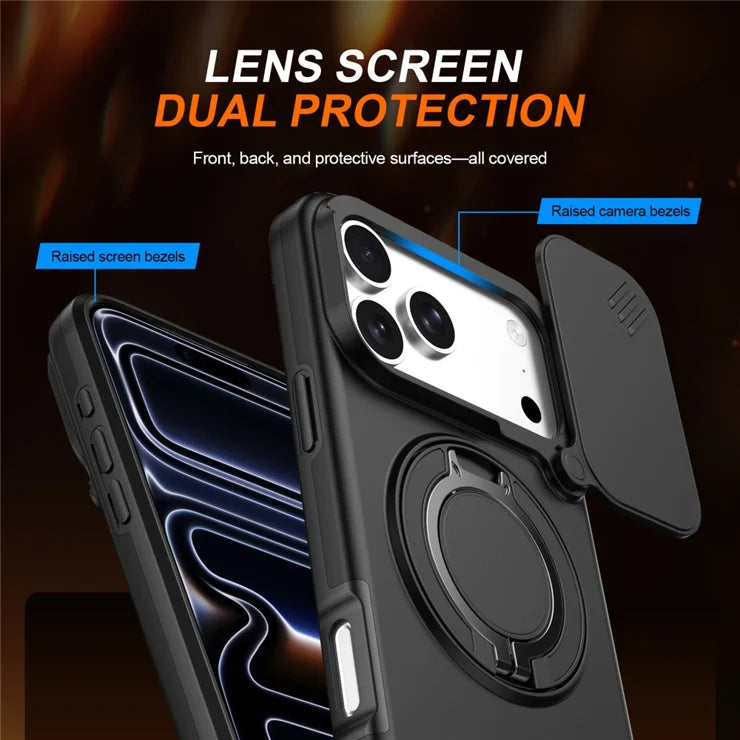 iPhone 17 Pro Magnetic Case Ring Kickstand Slide Camera Cover TPU PC Hybrid Phone Shell - Black