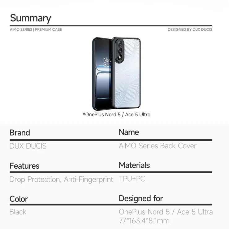 DUX DUCIS For OnePlus Ace 5 Ultra 5G / OnePlus Nord 5 5G Case  Aimo Series TPU+PC Matte Drop-proof Phone Cover (REACH Certification) - Black