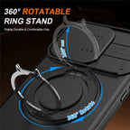 iPhone 15 Pro Max Magnetic Case Ring Kickstand Slide Camera Cover TPU PC Hybrid Phone Shell - Black