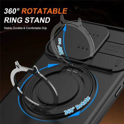 iPhone 15 Pro Max Magnetic Case Ring Kickstand Slide Camera Cover TPU PC Hybrid Phone Shell - Black