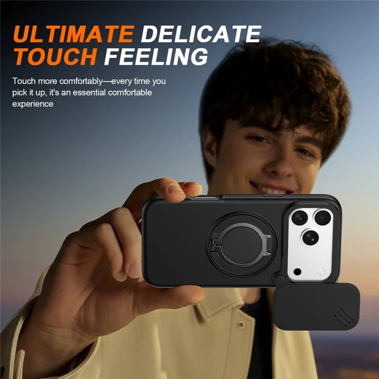 iPhone 17 Pro Magnetic Case Ring Kickstand Slide Camera Cover TPU PC Hybrid Phone Shell - Black