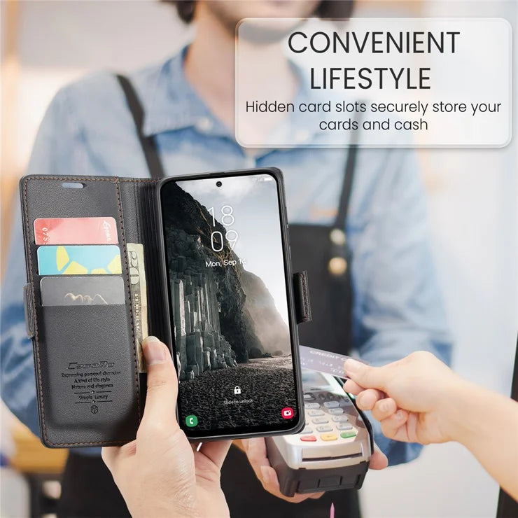 CASEME For Samsung Galaxy A56 5G Leather Case  023 RFID Blocking 3 Card Slot Mobile Cover - Black