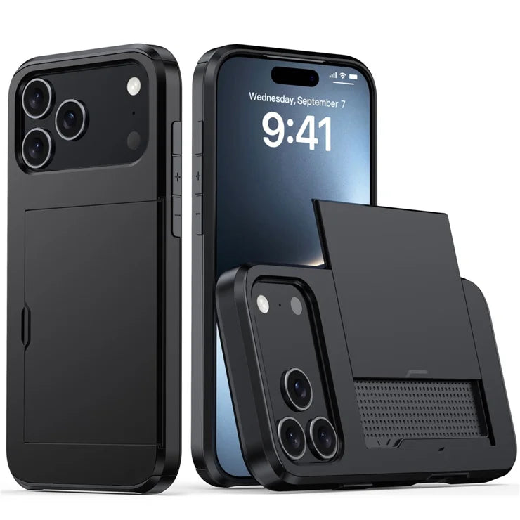 AMORUS For iPhone 17 Pro Case with Sliding Card Holder PC TPU Phone Back Cover - Black