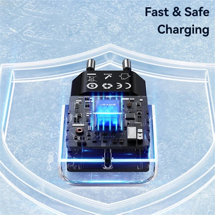 USAMS CC317 T65 33W Fast Charger for iPhone 8-16 Series Dual Ports USB-A + USB-C GaN Power Adapter - EU Plug / Black