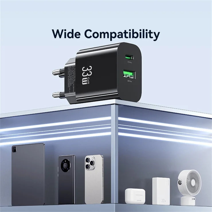 USAMS CC317 T65 33W Fast Charger for iPhone 8-16 Series Dual Ports USB-A + USB-C GaN Power Adapter - EU Plug / Black