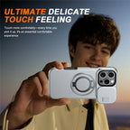 iPhone 16 Pro Case Magnetic Case Ring Kickstand Slide Camera Cover TPU PC Hybrid Phone Shell - Silver
