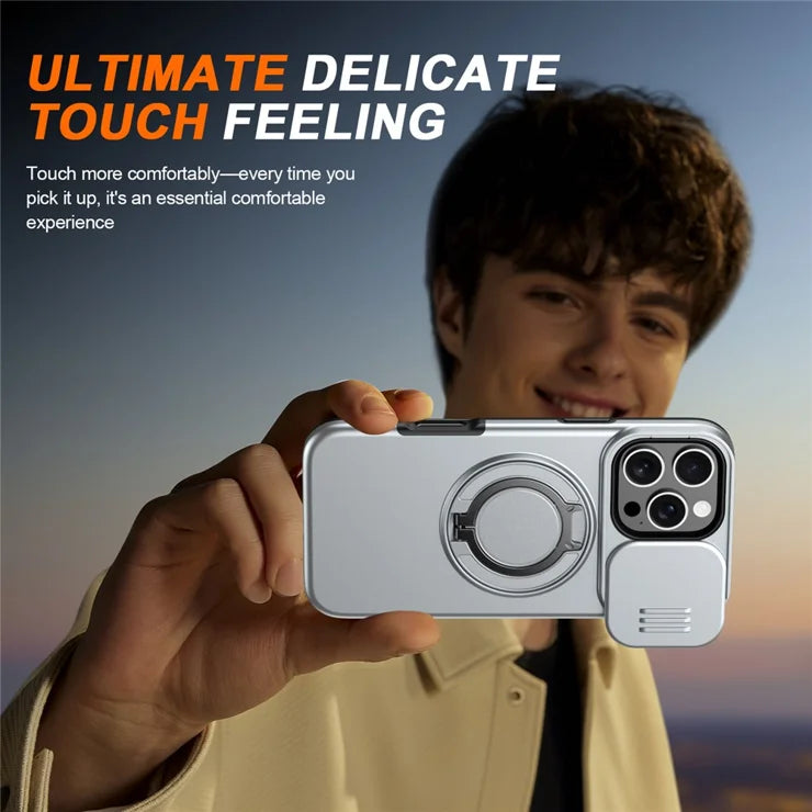 iPhone 16 Pro Case Magnetic Case Ring Kickstand Slide Camera Cover TPU PC Hybrid Phone Shell - Silver