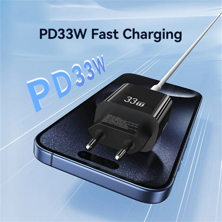 USAMS CC317 T65 33W Fast Charger for iPhone 8-16 Series Dual Ports USB-A + USB-C GaN Power Adapter - EU Plug / Black