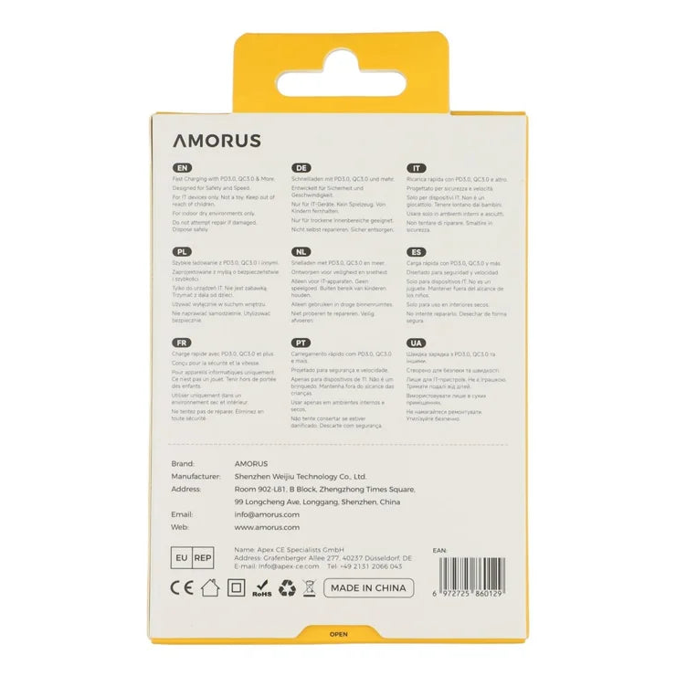 AMORUS PD 30W Type-C + QC 18W USB-A Dual Port GaN Power Adapter Fast Charging Wall Charger for Phone Tablet - EU Plug