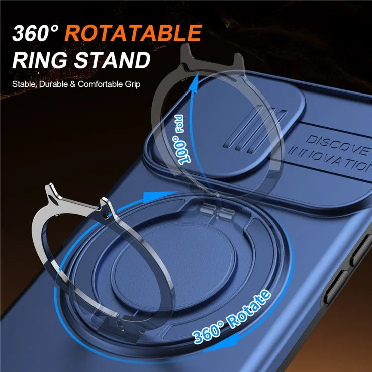iPhone 17 Case Magnetic Case Ring Kickstand Slide Camera Cover TPU PC Hybrid Phone Shell - Blue