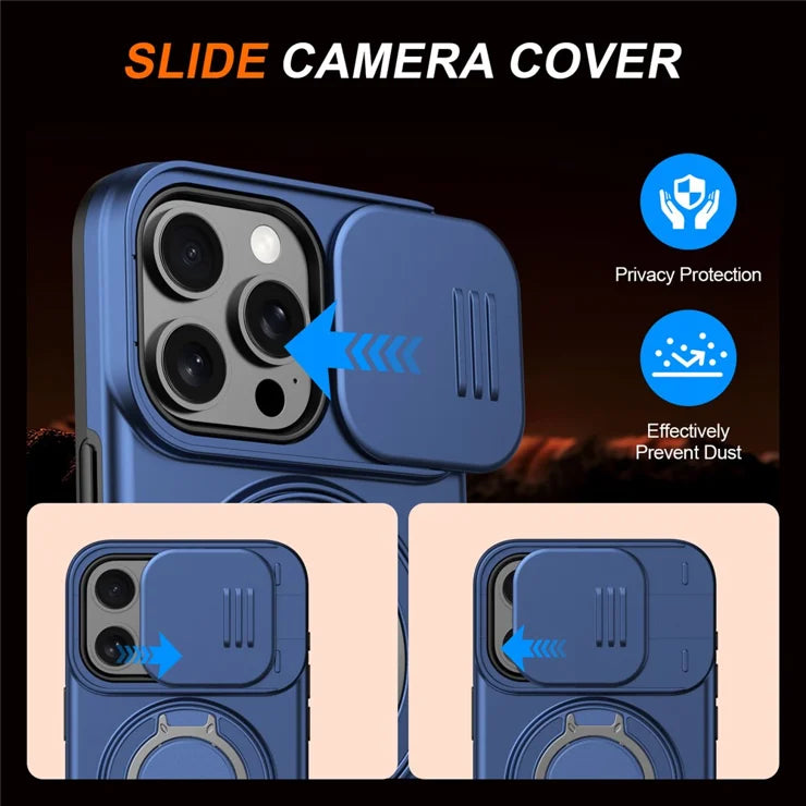 iPhone 15 Pro Case Magnetic Case Ring Kickstand Slide Camera Cover TPU PC Hybrid Phone Shell - Blue
