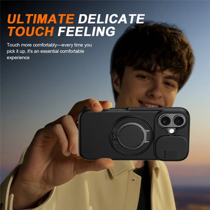 iPhone 17 Case Magnetic Case Ring Kickstand Slide Camera Cover TPU PC Hybrid Phone Shell - Black