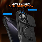 iPhone 16 Pro Case Magnetic Case Ring Kickstand Slide Camera Cover TPU PC Hybrid Phone Shell - Black