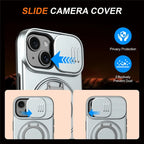 iPhone 15 Plus / 14 Plus Ring Kickstand Slide Camera Cover TPU PC Hybrid Phone Shell - Grey