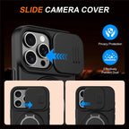 iPhone 16 Pro Case Magnetic Case Ring Kickstand Slide Camera Cover TPU PC Hybrid Phone Shell - Black