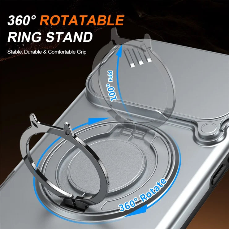 iPhone 17 Pro Magnetic Case Ring Kickstand Slide Camera Cover TPU PC Hybrid Phone Shell - Grey