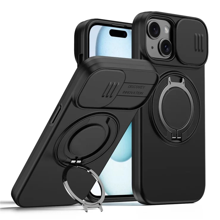 For iPhone 15 Case Magnetic Case Ring Kickstand Slide Camera Cover TPU PC Hybrid Phone Shell - Black