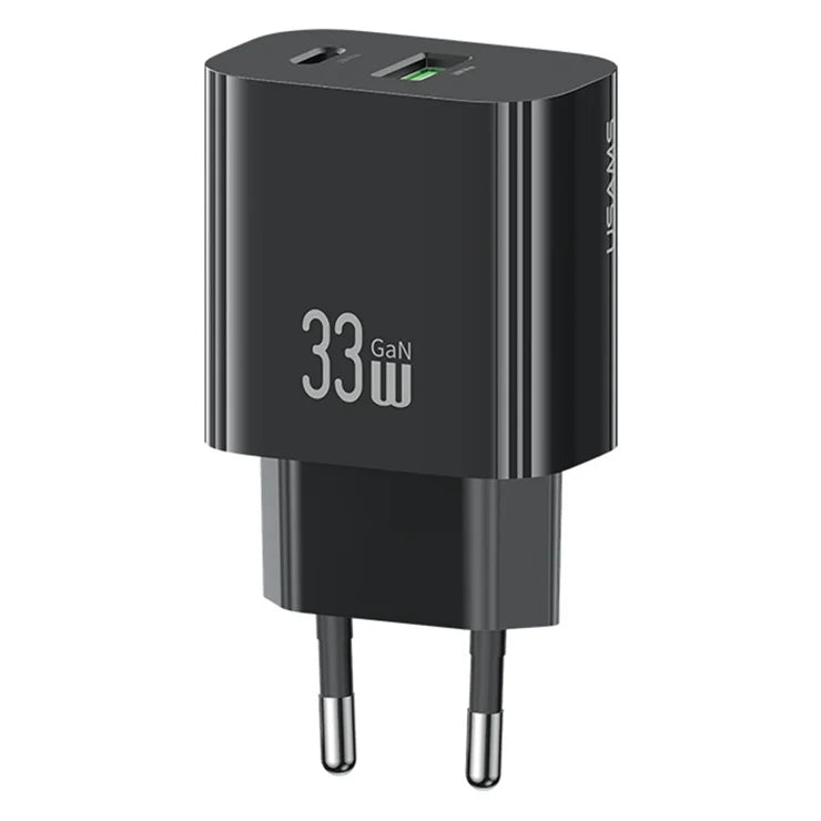 USAMS CC317 T65 33W Fast Charger for iPhone 8-16 Series Dual Ports USB-A + USB-C GaN Power Adapter - EU Plug / Black