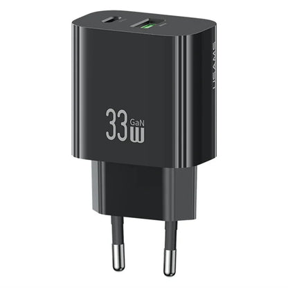 USAMS CC317 T65 33W Fast Charger for iPhone 8-16 Series Dual Ports USB-A + USB-C GaN Power Adapter - EU Plug / Black