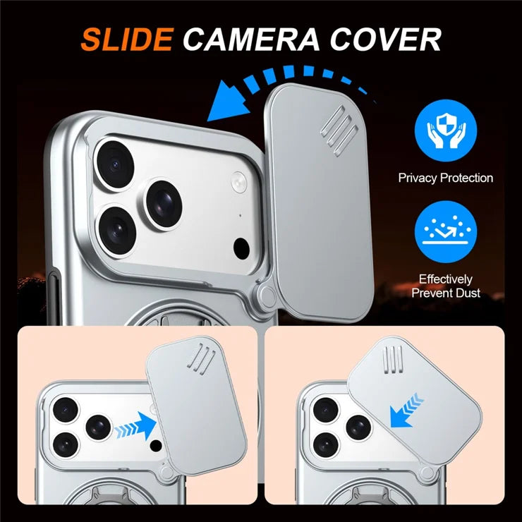 iPhone 17 Pro Magnetic Case Ring Kickstand Slide Camera Cover TPU PC Hybrid Phone Shell - Grey