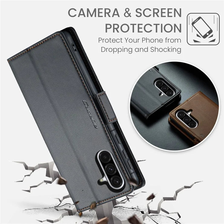 CASEME For Samsung Galaxy A56 5G Leather Case  023 RFID Blocking 3 Card Slot Mobile Cover - Black