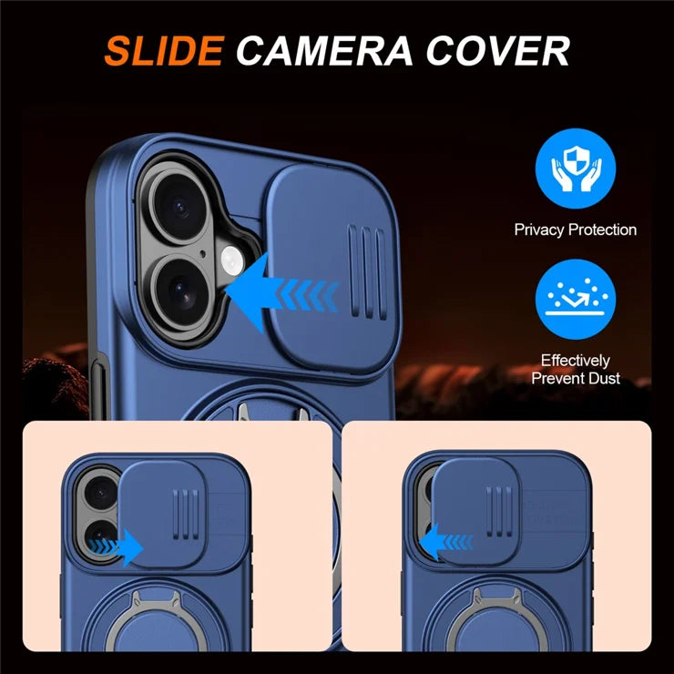 iPhone 17 Case Magnetic Case Ring Kickstand Slide Camera Cover TPU PC Hybrid Phone Shell - Blue