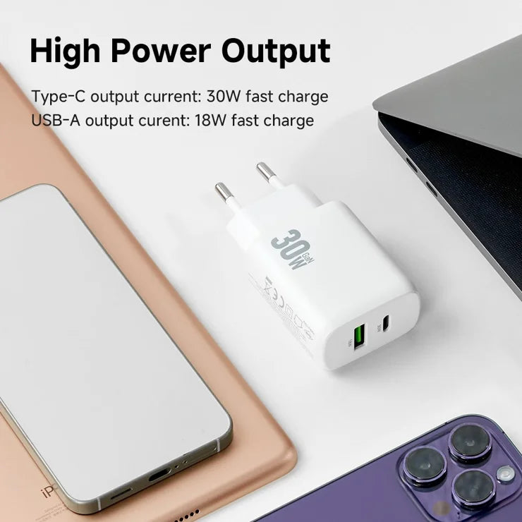 AMORUS PD 30W Type-C + QC 18W USB-A Dual Port GaN Power Adapter Fast Charging Wall Charger for Phone Tablet - EU Plug