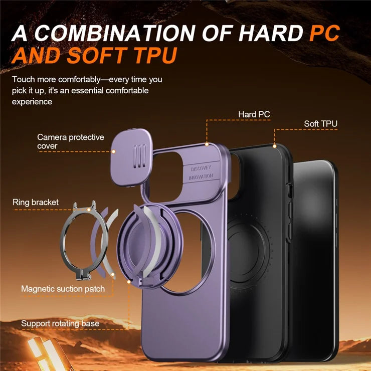 iPhone 15 Case Magnetic Case Ring Kickstand Slide Camera Cover TPU PC Hybrid Phone Shell - Purple