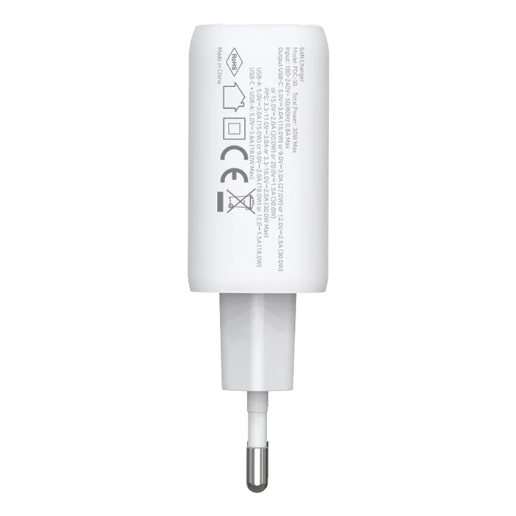 AMORUS PD 30W Type-C + QC 18W USB-A Dual Port GaN Power Adapter Fast Charging Wall Charger for Phone Tablet - EU Plug