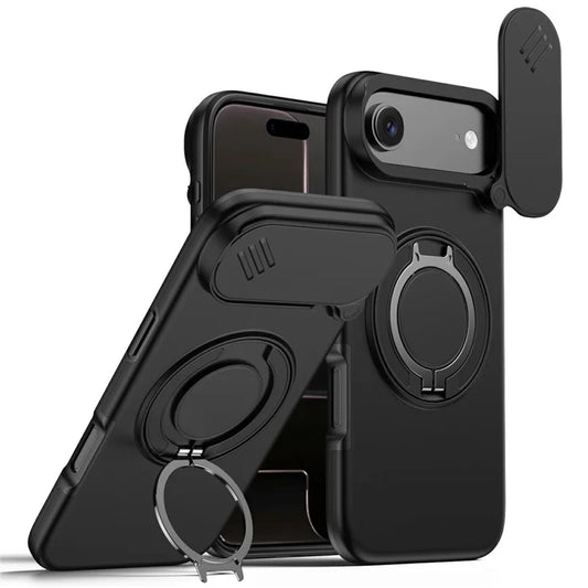 iPhone Air Magnetic Case Ring Kickstand Slide Camera Cover TPU PC Hybrid Phone Shell - Black