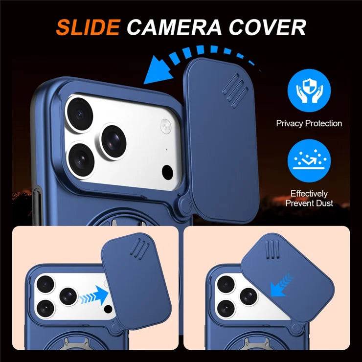 iPhone 17 Pro Magnetic Case Ring Kickstand Slide Camera Cover TPU PC Hybrid Phone Shell - Blue