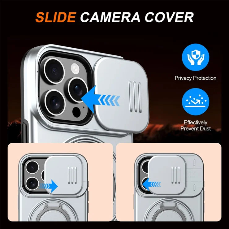 iPhone 16 Pro Case Magnetic Case Ring Kickstand Slide Camera Cover TPU PC Hybrid Phone Shell - Silver