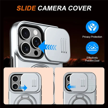 iPhone 16 Pro Case Magnetic Case Ring Kickstand Slide Camera Cover TPU PC Hybrid Phone Shell - Silver