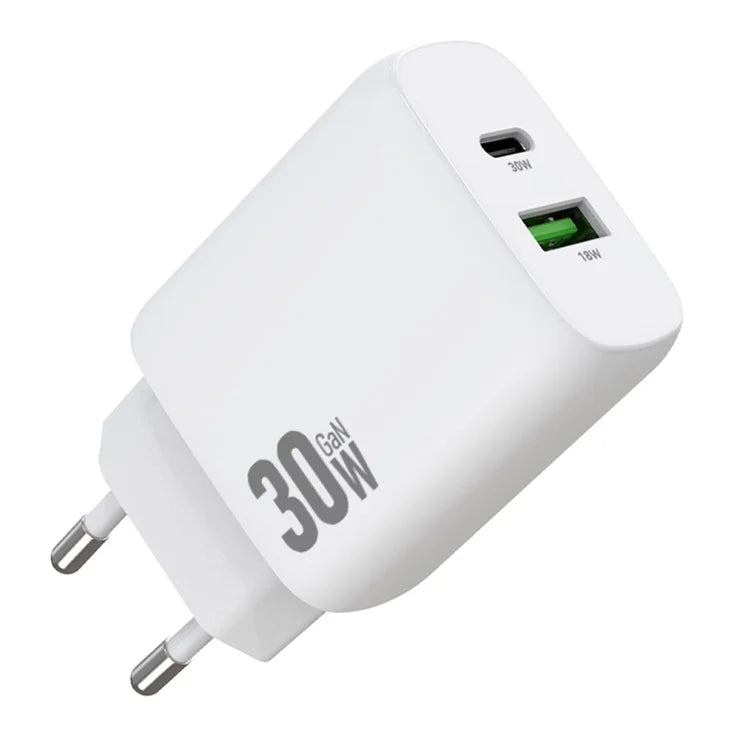 AMORUS PD 30W Type-C + QC 18W USB-A Dual Port GaN Power Adapter Fast Charging Wall Charger for Phone Tablet - EU Plug
