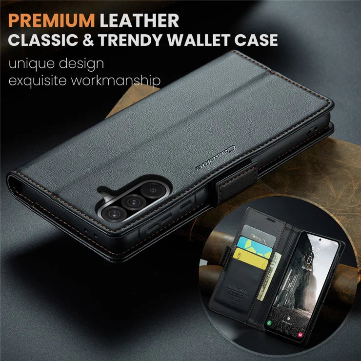CASEME For Samsung Galaxy A56 5G Leather Case 023 RFID Blocking 3 Card Slot Mobile Cover - Black